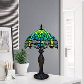 10 inch Greenish Color Tiffany Style Table Lamp Green Dragonfly Style Multicolor Stained Glass